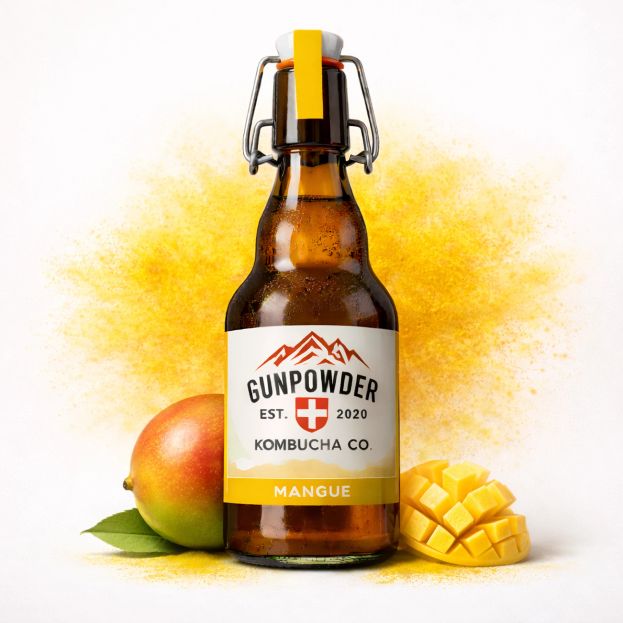 Mango kombucha bottle